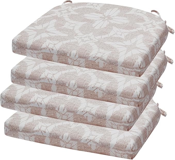 Outdoor Chair Cushions Set of 4, 17 x 16 Inch Patio Chair Cushions for Outdoor Furniture, Water Resistant, Non-Slip Ties(Beige Floral)