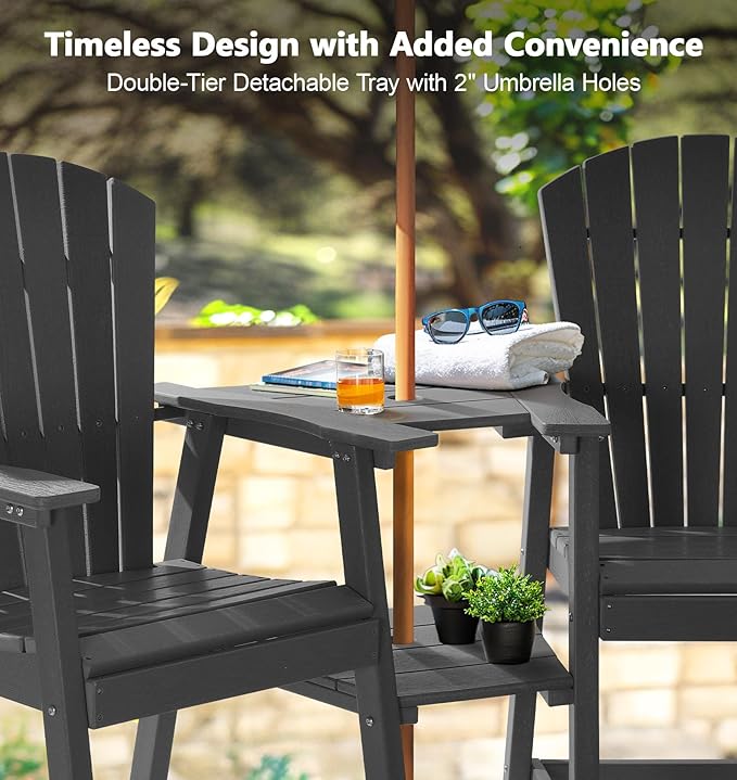 PASAMIC Tall Adirondack Chairs Set of 4, All-Weather HDPE Patio Chairs with Double Connecting Trays, Bar Height Heavy-Duty Outdoor Chairs for Garden, Backyard, Balcony, Dark Gray