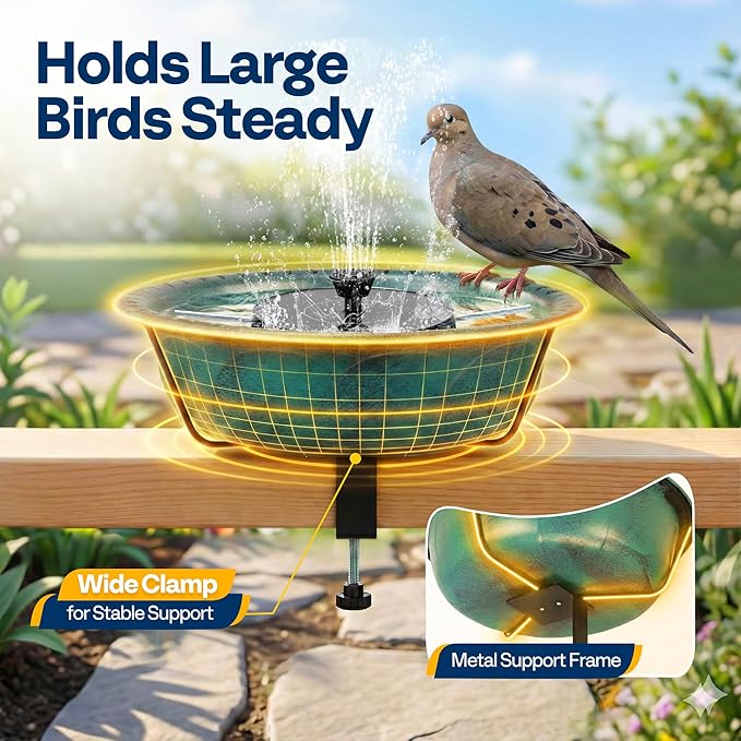 VIVOHOME Deck Mounted Bird Bath with Solar Fountain, Outdoor ABS Birdbath Bowl with Adjustable Metal Clamp, Solar Powered Pump for Railing, Fence, Balcony, 1.45 Gallons, Green