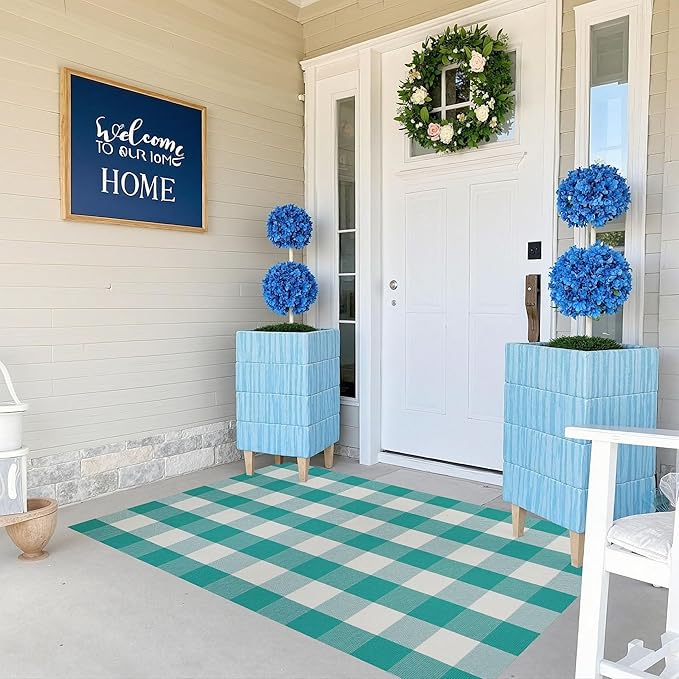 SEEKSEE Buffalo Plaid Outdoor Rug 3'x5' Light Blue and White Checkered Area Rug Washable Doormat Cotton Boho Bedroom Rug for Kitchen Entryway Hallway Front Door Farmhouse Living Room