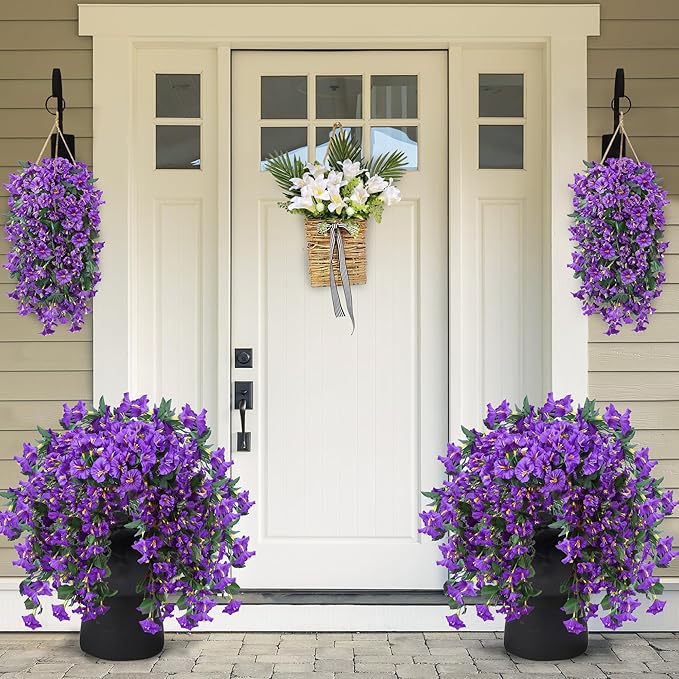 Sggvecsy Artificial Fake Hanging Flowers Plants for Outdoor Outside Spring Summer Decoration 2PCS Faux Silk UV Resistant Realistic Morning Glory Trailing Vines for Home Porch Patio Balcony(Purple)