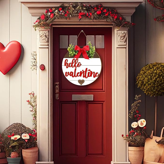 Boao Hello Valentine's Day Wooden Hanging Sign Farmhouse Door Decor Hello Valentine Vintage Heart Red Bow Door Wreath Rustic Wall Plaque Decorations for Window Wall Front Porch Hanger