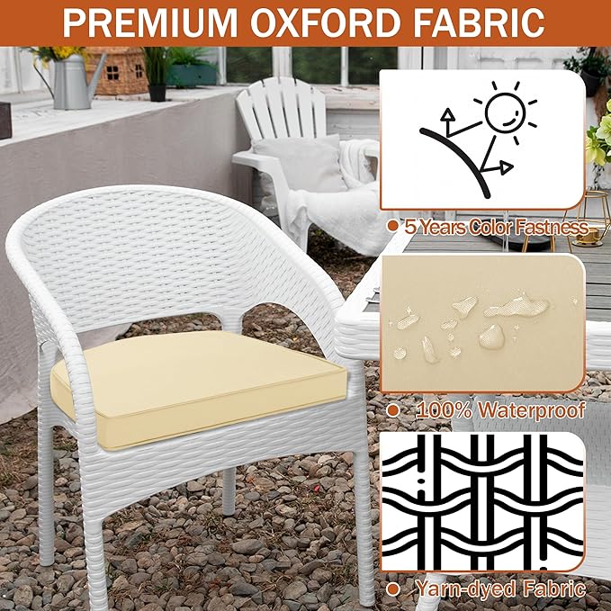 Outdoor Chair Cushions Set of 4 Waterproof Patio Chair Cushions with Tie 5 Year Color Fastness Thick Outdoor Seat Cushion for Garden Lawn Round Corner Beige 17x16 Inch