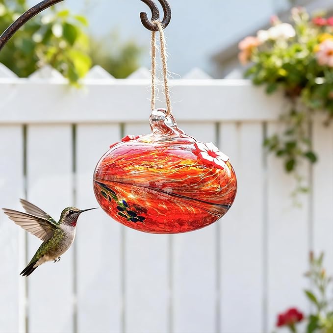3inch Hand Blown Glass Hummingbird Feeder Colorful Hanging Glass Feeder with 2 Feeding Ports for Outside Garden Window Patio Decoration