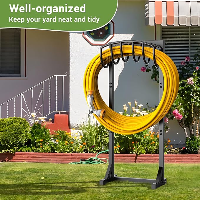 Freestanding Garden Hose Holder, Heavy Duty Water Hose Holder Stand with Stable 4-Spike Base, Fits 5/8" Hoses up to 150ft, No-Drill Yard Storage Alternative to Hose Reel