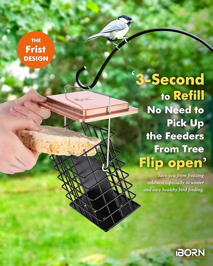 iBorn Double Suet Feeder- Metal Roof Bird Feeder with Taller Grid for Woodpeckers, Suet Cake Cage Bird Feeder for Outdoors Hanging,Easy-Clean & Refill,Metal Brushed Copper（Pack of 1）
