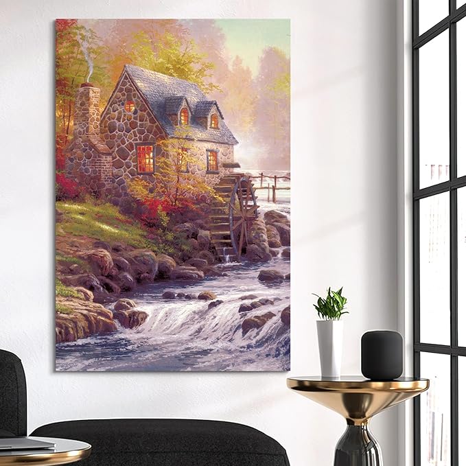 STUDIO HAVEN Thomas Kinkade Canvas Wall Art, Stone River Home Glowing Windows Water Wheel Autumn Foliage Oil Painting Poster Rustic Riverside Wall Decor, Framed Prints for Home Decor, 24x36Inch