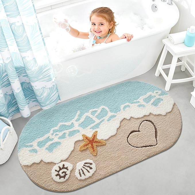 LUMI Extra Large Beach Bathroom Rugs, Non Slip Bath Mat Ultra Soft Washable Absorbent Quick Dry, Ocean Sea Theme Bath Rug with Starfish Shell for Shower Floor, Kitchen Decor, Kids Room, 30"x60"