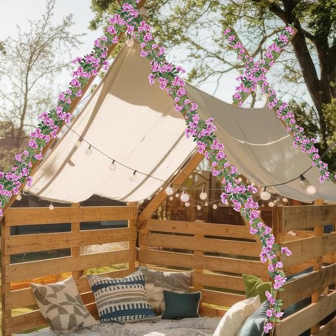 2 Pcs Artificial Flowers Garland for Outdoors Purple Faux Gardenia Garland 12Ft Silk Rose Hanging Vines Floral for Wedding Arch Party Wall Garden Ceremony Backdrop Fence Spring Decor