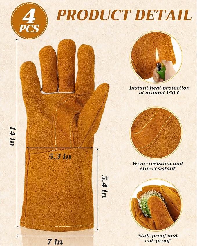 Mepase 4 Pairs Leather Welding Gloves 14 Inch Gardening Gloves for Men Women Heat/fire Resistant Stitching Mitts for Oven/grill/fireplace/furnace/stove/pot Holder/wood Burner/animal Handling, Tan