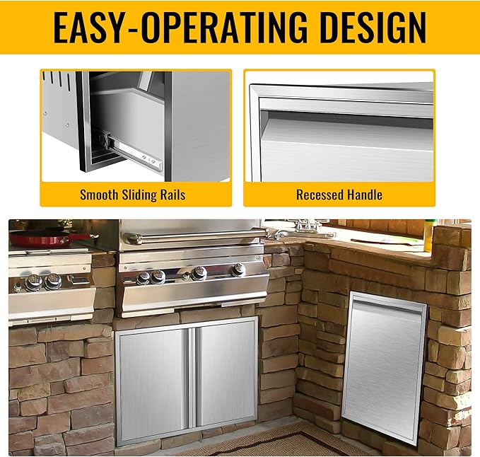 Built-in Double Trash Drawer 16" W x 22.3" H x 18" D, Pull-Out Tray Outdoor Kitchen Stainless Steel Trash Drawer Storage Two Trash Bins for BBQ Island Grill Station