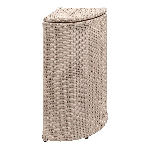 happimess HPM1200D Chloe 15.56-Gallon All-Weather Wicker/Metal Corner Hideaway Outdoor Trash Can, Light Pink/White, Classic, Coastal, Casual Wastebin for Backyard, Patio, Porch, Kitchen