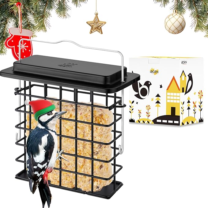 iBorn Suet Feeder Suet Bird Feeders [Single Capacity] for Outside Hanging with Taller Grid for Woodpecker,Metal Black（Pack of 1）