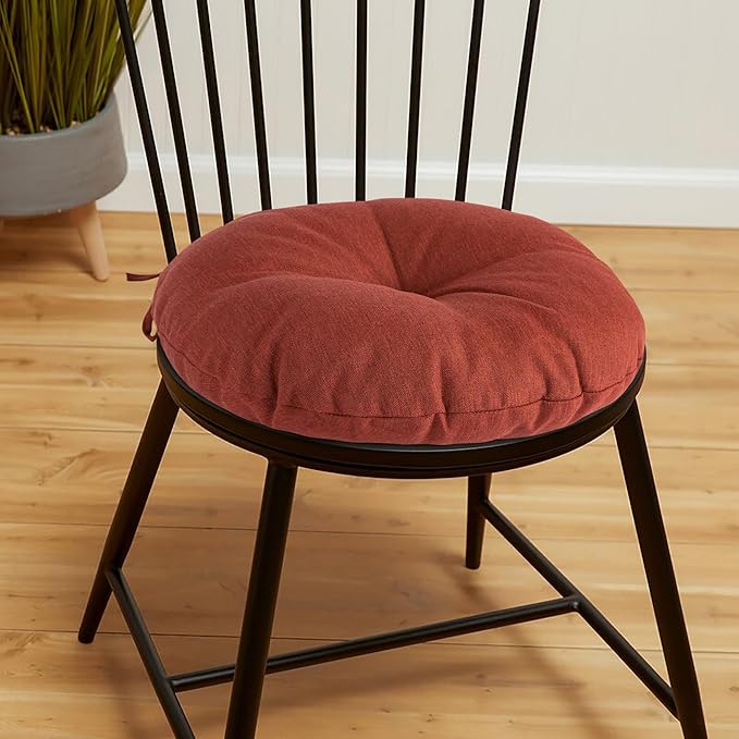 Magpie Fabrics Outdoor 15"x15"x4" Round Bistro Seat Cushions with Ties Set of 2, Tufted Waterproof Patio Floor Chair Pads for Home Garden Balcony Kitchen Office Porch, Dark Red