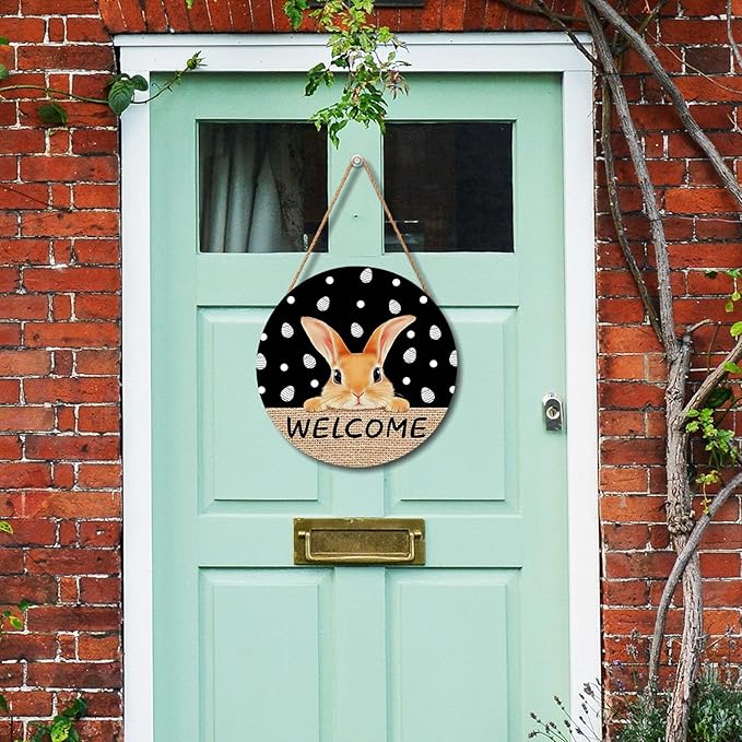 Welcome Door Sign For Front Door Decor,Easter Bunny Eggs Black Wooden Sign 12"x 12" Round Easter Hanging Door Sign Decoration for Wall Rustic Decor