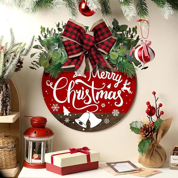 Boao Christmas Door Decorations Wooden Merry Christmas Welcome Front Door Sign Hanger with Red Buffalo Plaid Bow Xmas Wreaths for Outdoor Porch Farmhouse Decor