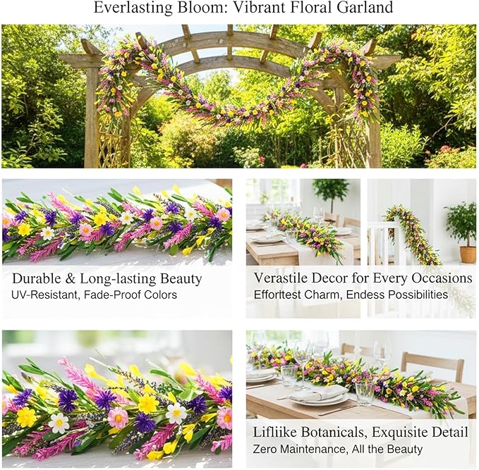 6.5 Ft Spring Summer Garland Artificial Wildflower Lavender Daisy Wisteria Wreath Swags Vine Floral Wreath Garland Fake Flower Greenery Eucalyptus Garland for Wedding Arch Porch Table Farmhouse Decor
