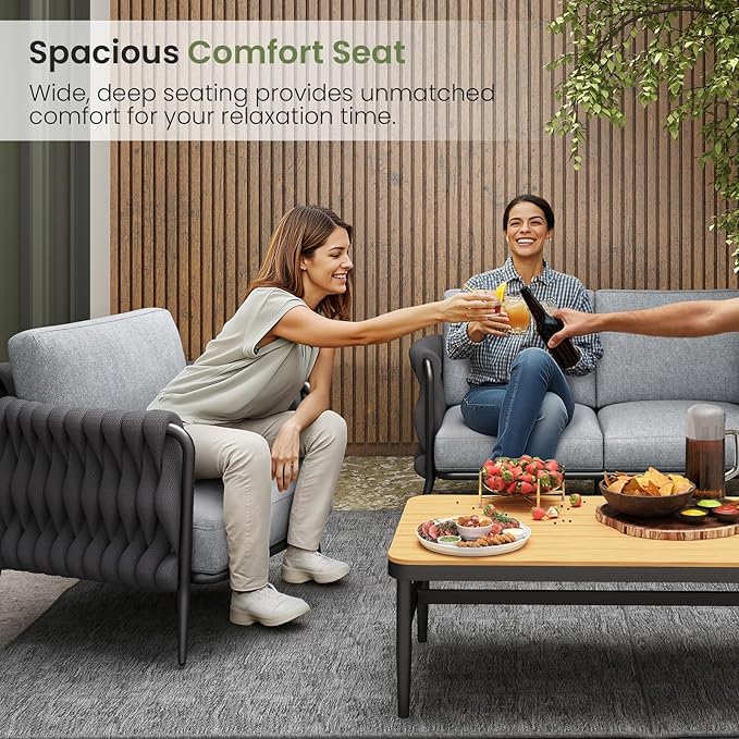 Outdoor Patio Furniture Set, Outdoor 5-Seat Sofa with Coffee Table, Waterproof Thick Cushion Patio Conversation Set, All Weather Outdoor Couch Set for Deck, Lawn, Balcony, Porch