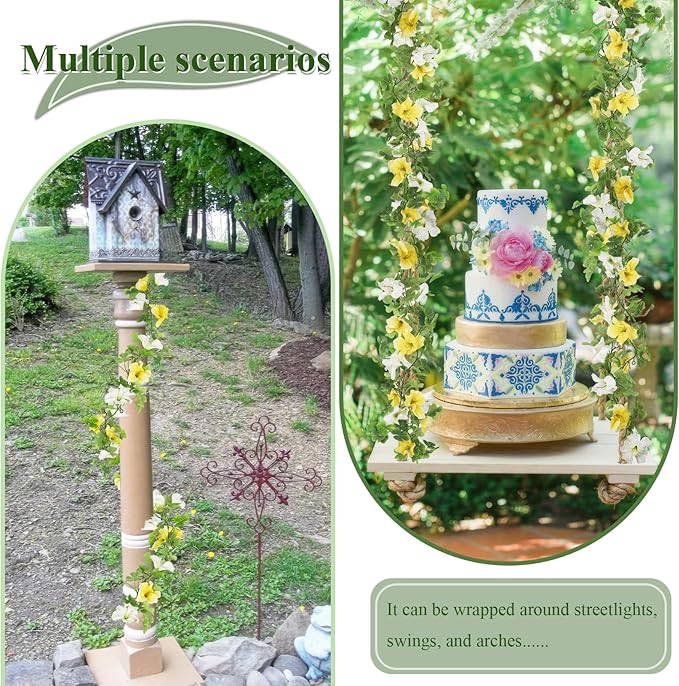 2 Pcs Artificial Flowers Vines Outdoors Silk Petunias Garland Spring Flowers Garland for Mantle 11FT Fake Morning Glory Hanging Vines Plants for Mailbox Fence Wedding Banquet Decor White Yellow