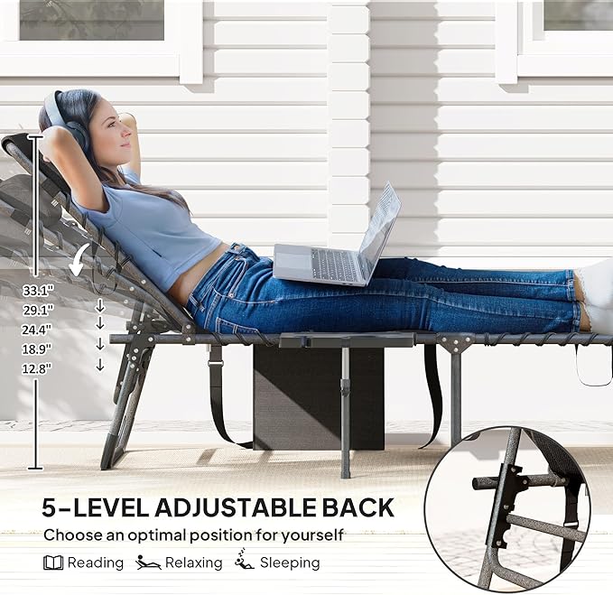 Outsunny Folding Chaise Lounge Chair Outdoor Tanning Chair with Side Table, 5-Level Adjustable Beach Lounge Chair with Headrest, Side Pocket for Patio, Backyard, Beach, Poolside, Black