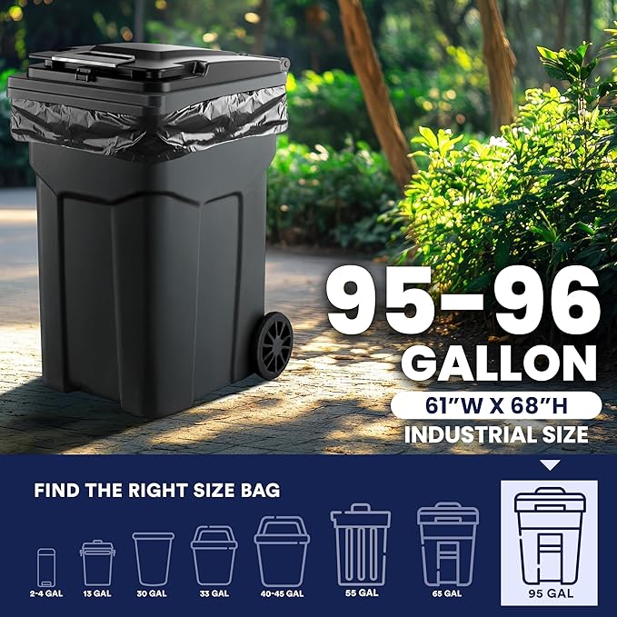 Plasticplace 95-96 Gallon Garbage Can Liners │ 1.5 Mil │ Black Heavy Duty Trash Bags │ 61” X 68” (50Count) (W95LDB15)