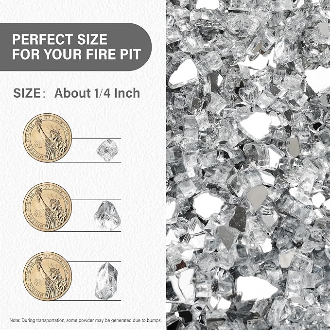NUPICK 20 Pound Fire Glass, 1/4 Inch Reflective Fire Pit Glass, Tempered Firepit Glass Rock for Propane or Natural Gas, Glass Rocks for Fire Pit Table, Fireplace Glass for Landscaping, Clear