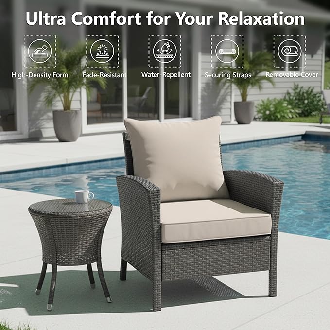 24x24 Inch Outdoor Chair Cushion with Removable Cover, Patio Furniture Cushion - Water-Repellent, Fade-Resistant, Non-Slip Bottom & Straps, Replacement for Deep Seat Sofa & Couch - Cream