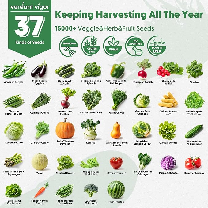 37 Varieties Vegetable Seeds Kit, 20,000+ Non-GMO USA Sourced Heirloom Seeds for All Seasons Planting, Easy for Indoor Outdoor Gardening