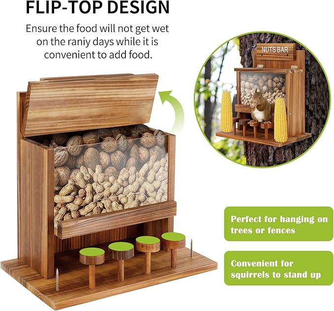 KOOPRO Squirrel Feeder for Outside Tree, Squirrel Picnic Table Feeder for Outdoors Corn Cob Peanut Feeder Funny Chipmunk House Nuts Bar Hanging Wooden Box