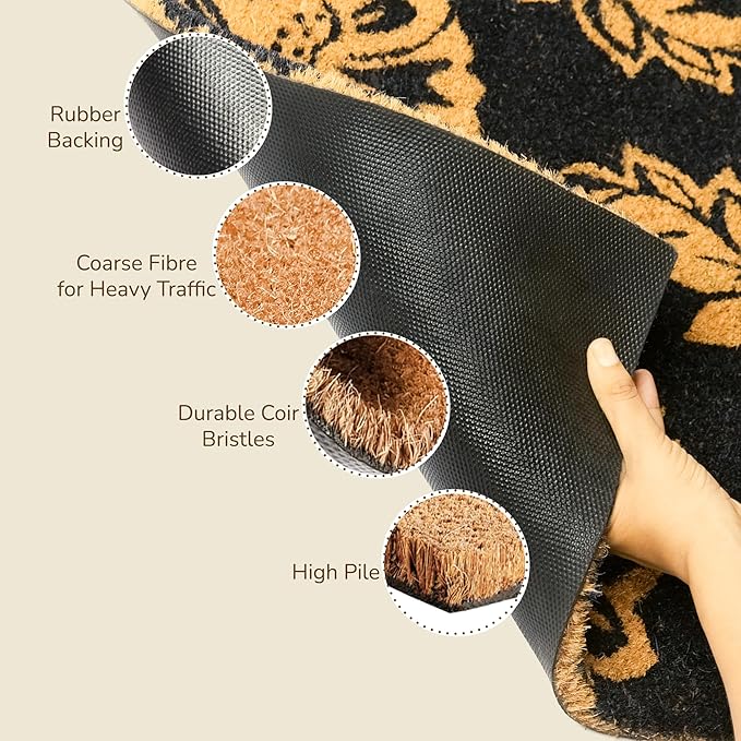 Coir Door Mat, Entryway Floor Mats with Non-Slip PVC Backing, Indoor Outdoor Mat for Front Door Decor, Door Mat, Welcome Mats with Floral Print, Navy Blue, 30"x17"