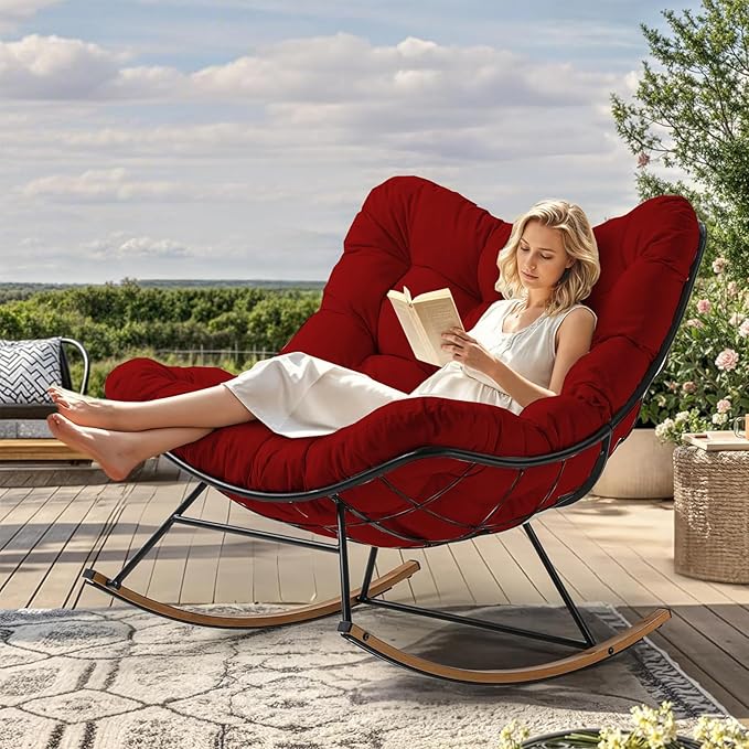 Outdoor Rocking Chair Cushion – Waterproof Wicker Egg Chair Replacement Pad, Thick Papasan Seat Cushion with Ties for Indoor & Outdoor Patio, Porch, Balcony, or Garden (Red)