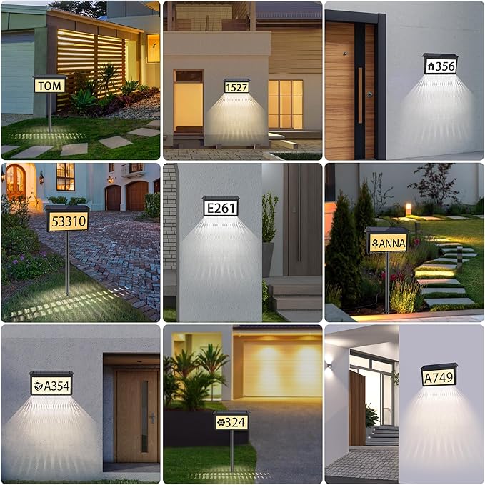 Solar Address Sign, House Numbers for Outside Light Up, 3 Colors Waterproof LED Illuminated House Numbers With Stake, Wall Mounted/In Ground Solar Powered Address Plaque for Yard Garden Home