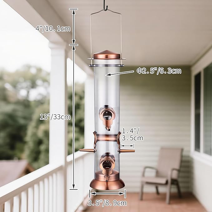 Bird Feeders for Outdoors,13 Inch 6 Ports Squirrel Proof Bird Feefers,Finch Feeder for Outside,Chew-Proof Metal Hanging Bird Feeder,Rust-Proof,Easy to Refill & Clean,Copper,Pack of 1