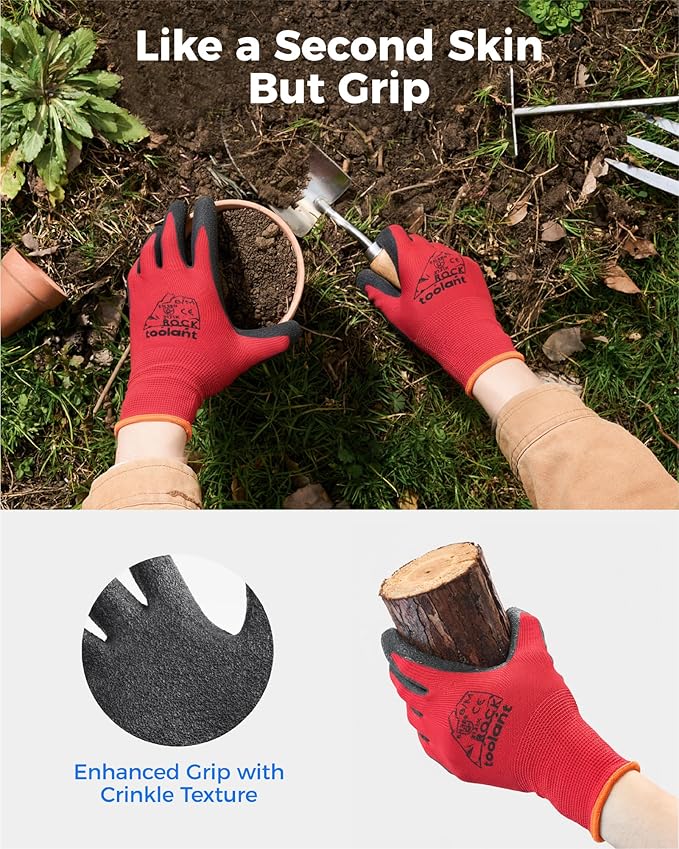 toolant Crinkle Latex Work Gloves Bulk, Rubber Coated Safety Work Gloves for Men and Women, 12 Pairs for Construction, Gardening, Warehouse (Black & Red, Large)