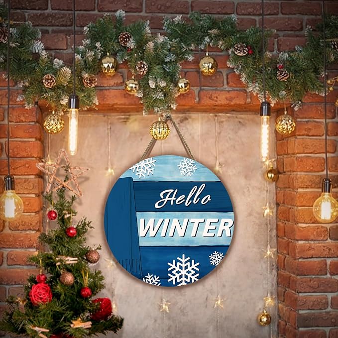 Hello Winter Door Sign for Front Door Blue Snowflakes Scarf Door Hanger Winter Wooden Porch Wall Hanging Sign for Home Outdoor Xmas Decoration 12x12 Inch