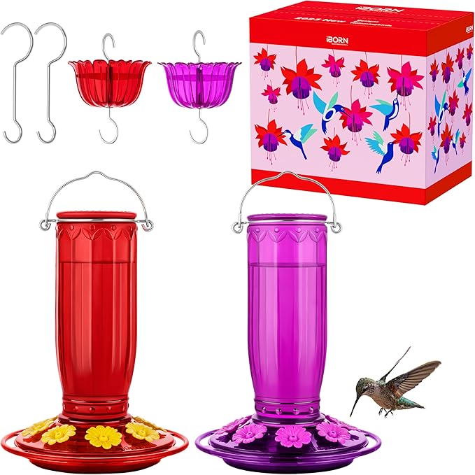 iBorn Hummingbird Feeder for Outdoors Hanging with Ant Moat for Hummingbird Feeder 8 Ports for 16oz Hummingbird Nectar, Pack of 2, Red Bottle Red Base & Fuchsia Bottle Fuchsia Base