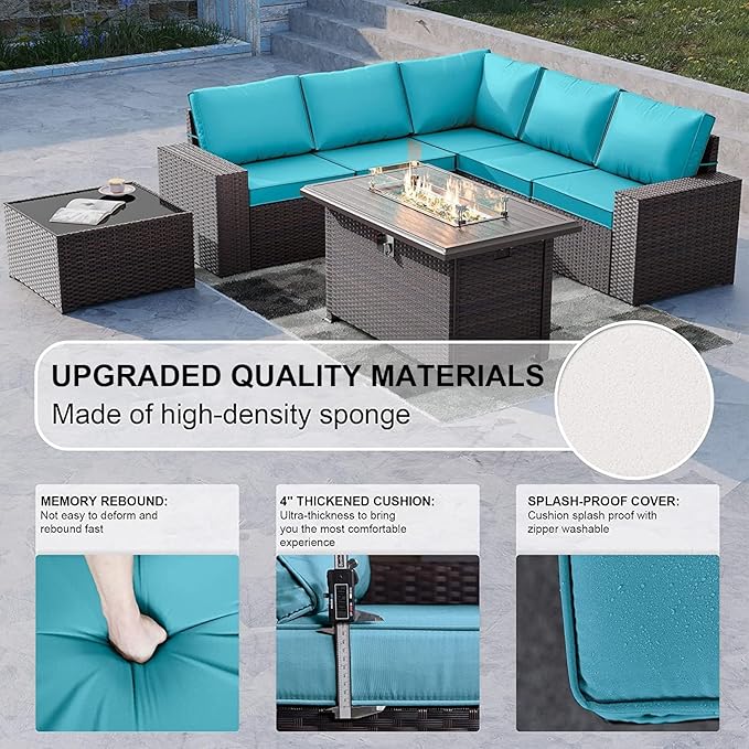 Kullavik 7 Pieces Outdoor Patio Furniture Set with 43" 55000BTU Gas Propane Fire Pit Table PE Wicker Rattan Sectional Sofa Patio Conversation Sets,Green Blue