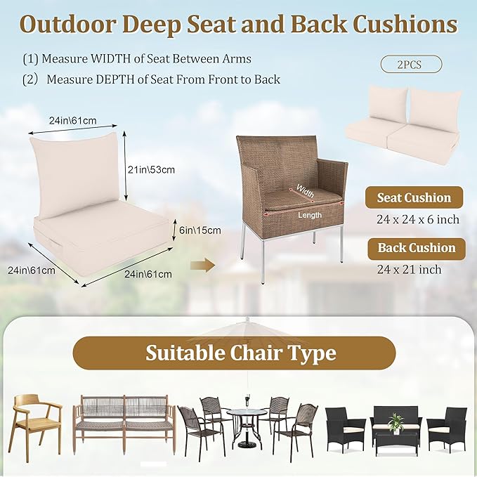 Outdoor Deep Seat Cushion Set, Fade Resistant Patio Chair Cushions, 24x24x6 Inch Patio Sofa Furniture Pad with Removable Cushion Covers (Beige, 24''Lx24''Wx6''H-1pcs Set)