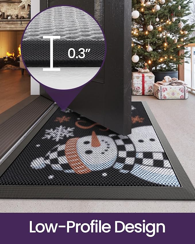 DEXI Christmas Front Door Mat Outside Entrance, 32x48 ft Winter Snowman Welcome Entryway Doormat Dirt Trapper, Heavy Duty Non Slip Entry Mats for Patio Garage Porch Home, Black White