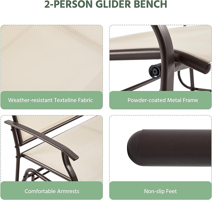 Yaheetech Outdoor Glider 2-Person Outdoor Glider Bench, Patio Chair, Rocking Patio Chairs Outdoor Loveseat for Backyard, Poolside, Garden,Porch, Heavy Duty Steel Frame, Beige