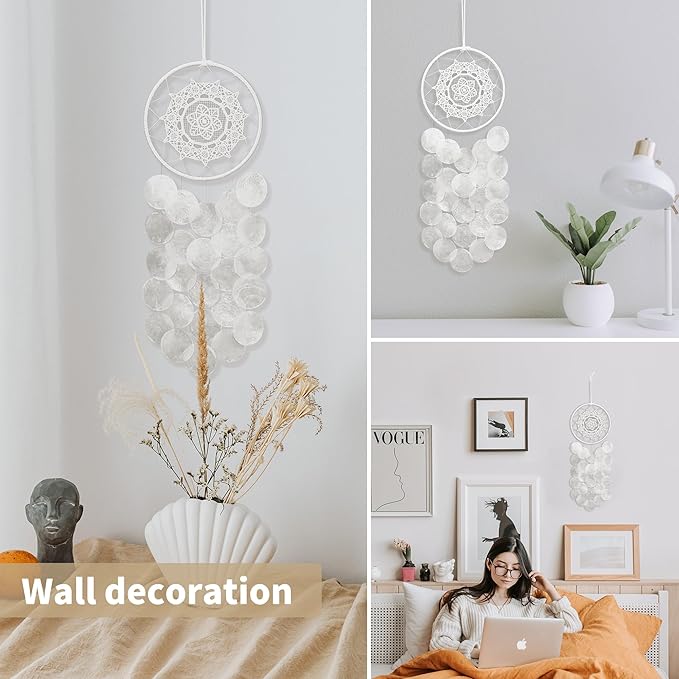 Handmade Capiz Wind Chimes for Outside, Outdoor Seashell Hanging Beach Coast Ocean Home Decorative, Unique Natural Shell Waterfall Windchimes for Summer Patio, Great Memorial Sympathy Gift（White