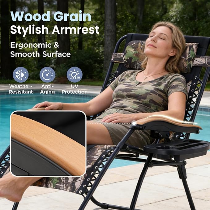 PHI VILLA XXL Oversized Padded Zero Gravity Chair Set of 2, Foldable Patio Recliner, 30" Wide Seat Anti Gravity Lounger with Armrest and Cup Holder, Support 400 LBS (Camouflage)
