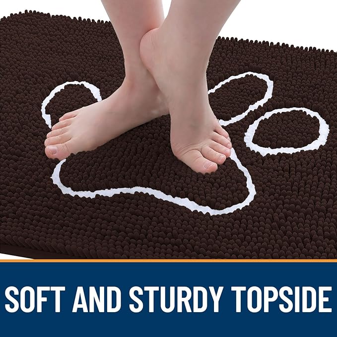 OLANLY Dog Door Mat for Muddy Paws 54x32, Paw Print Design, Absorbs Moisture and Dirt, Absorbent Non-Slip Washable Doormat, Quick Dry Chenille Mud Mat for Dogs, Entry Indoor Entryway Carpet, Brown