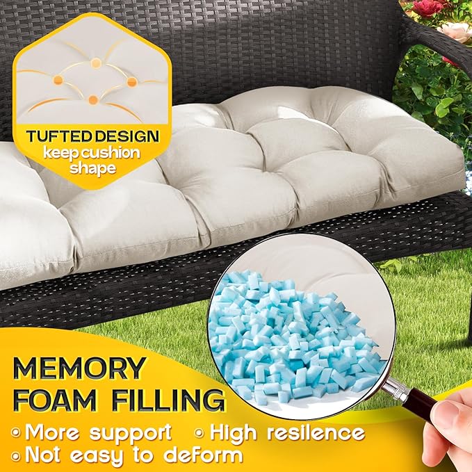 MAGIC ELEPHANT Outdoor Bench Cushion, Memory Foam Loveseat Cushion for Patio Furniture Wicker Chair, Settee Porch Swing Seat Cushion, 44 x 19 Inches (Antique White)