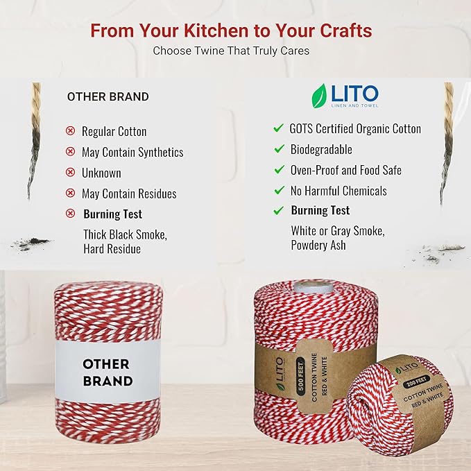 Red and White Organic Twine Cotton String - 200 Feet Wrapping, Baking, Butcher, Crafts, DIY Projects, Easter, Christmas