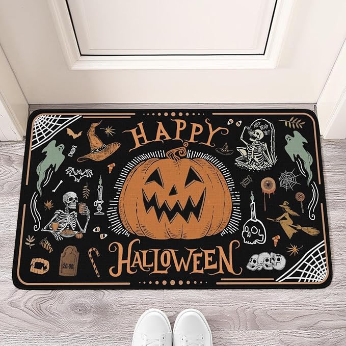 Halloween Decor Welcome Door Mat,Funny Skeleton Pumpkin Home Decoration Non-Slip Indoor Outdoor Front Doormats Rug 17 x 30 Inch