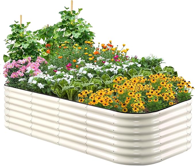 Quictent Galvanized Raised Garden Bed Kit, 6x3x2 ft Oval Metal Planter Box Tall for Vegetables Outdoor Backyard, Rubber Strip Edging Included, Beige