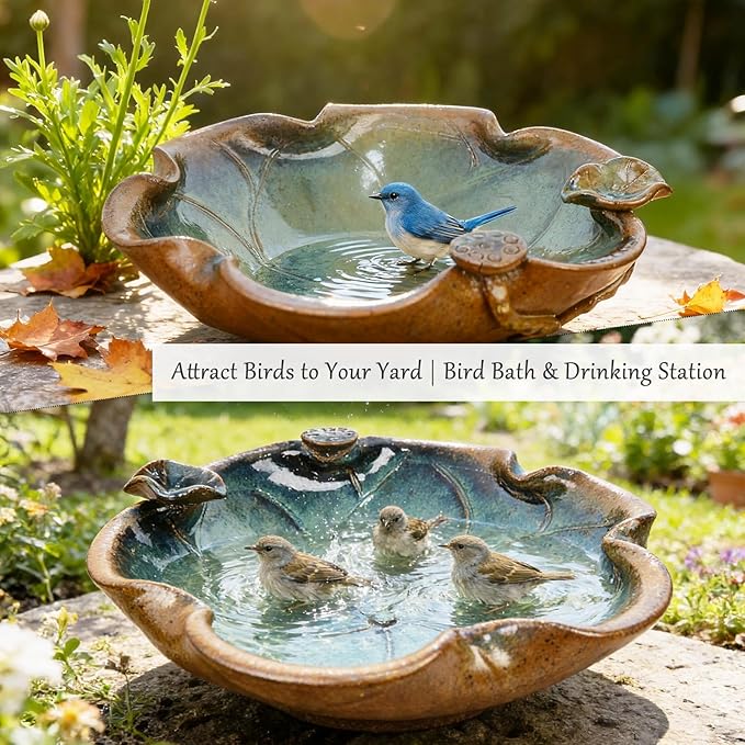 Ceramic Bird Bath and Feeder, Heavy Duty 12.5-Inch Ground Feeding Bowl, Wildlife Water Station for Squirrel Rabbit Bird Bee - Garden, Yard, Balcony Décor