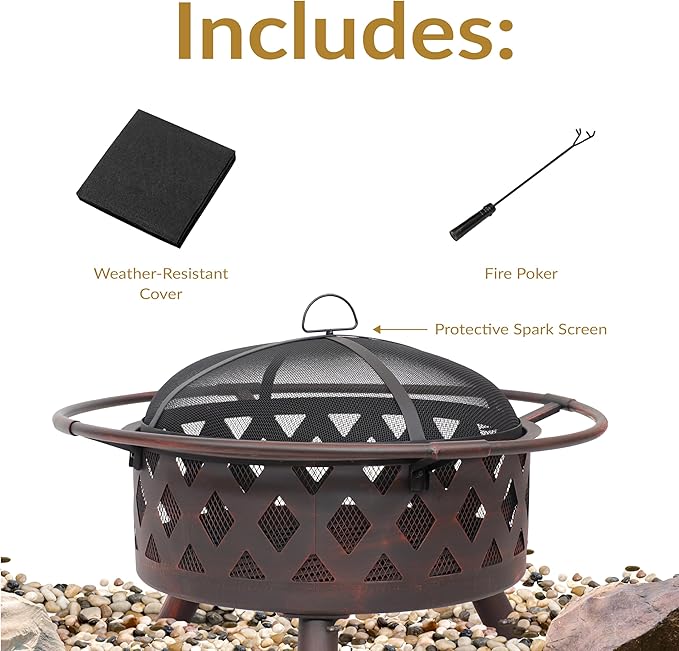 Sunnydaze Crossweave Outdoor Fire Pit - Wood-Burning Fire Pit for Outside with Spark Screen, Poker and Round Cover - 30-Inch - Bronze