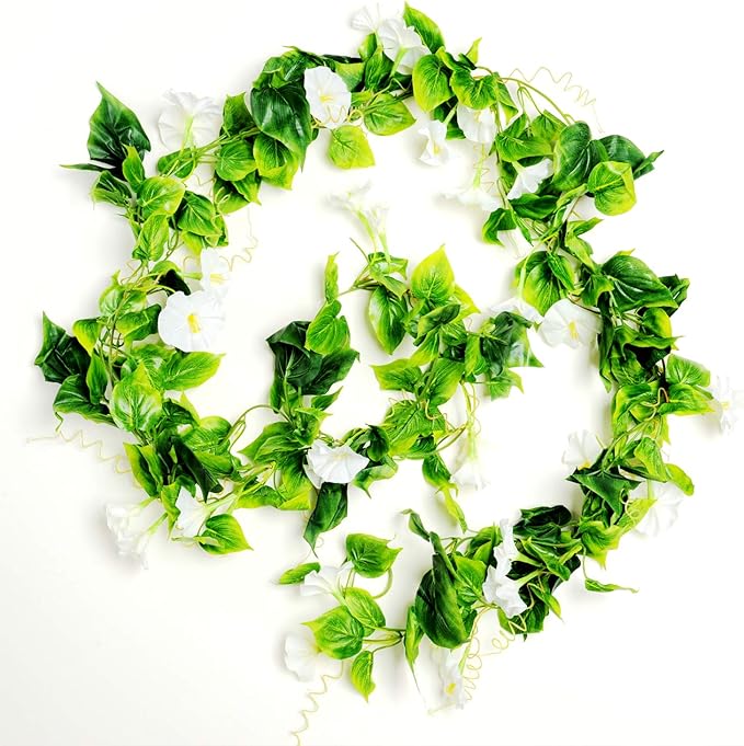 AirSun Artificial Morning Glory Flower Vines, 2pcs 15Feet Hanging Plants Silk Garland Fake Green Plant Home Garden Wall Fence Indoor Outdoor Wedding Birthday Decor